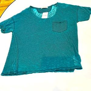 Free People Teal Green Scoop Neck Raw Edge Burnout Top Pocket Tee Shirt New